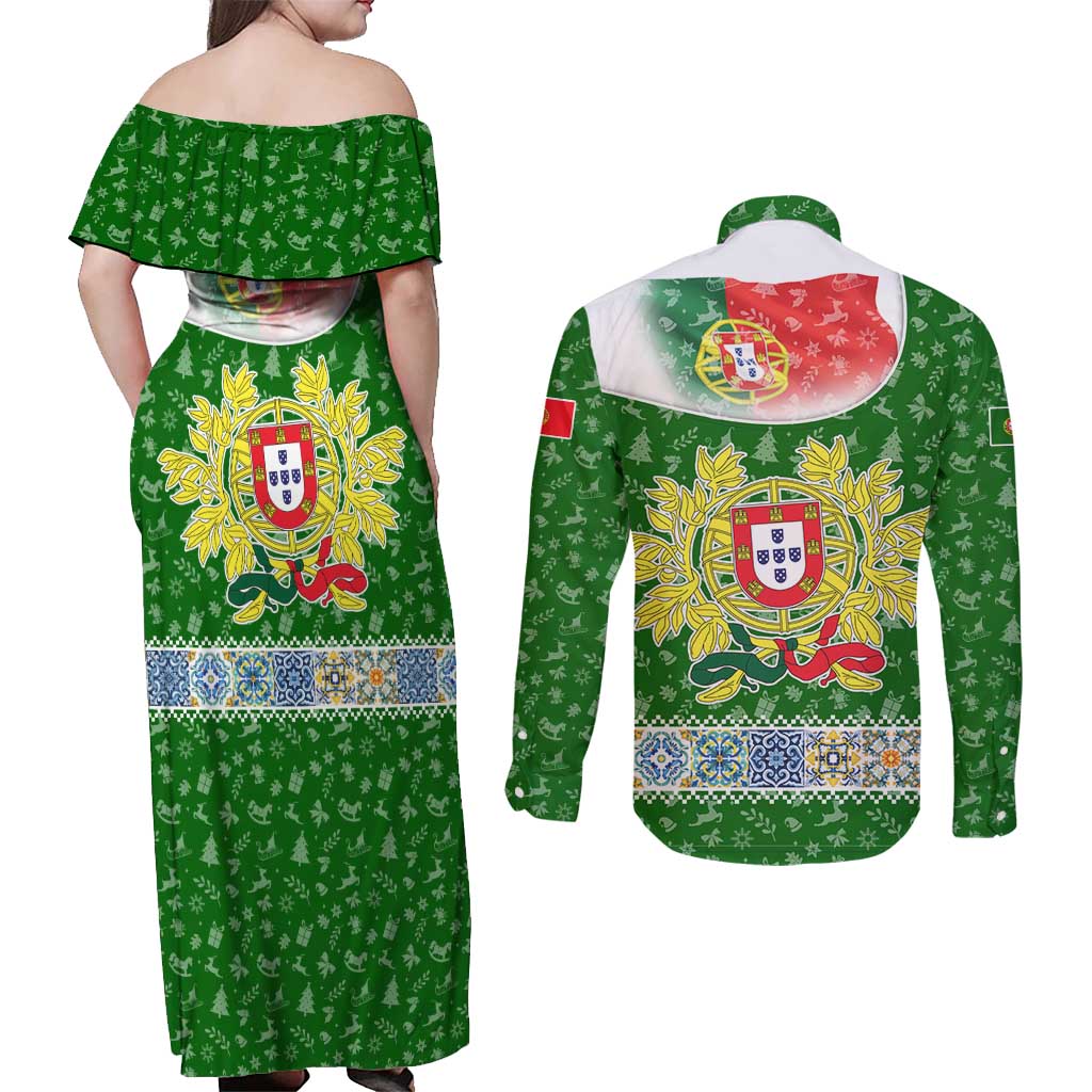 Portugal Christmas Couples Matching Off Shoulder Maxi Dress and Long Sleeve Button Shirt with Green Red Santa Ship Tree and Coat of Arms - Wonder Print Shop