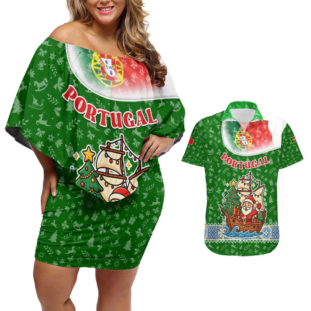 Portugal Christmas Couples Matching Off Shoulder Short Dress and Hawaiian Shirt with Green Red Santa Ship Tree and Coat of Arms - Wonder Print Shop