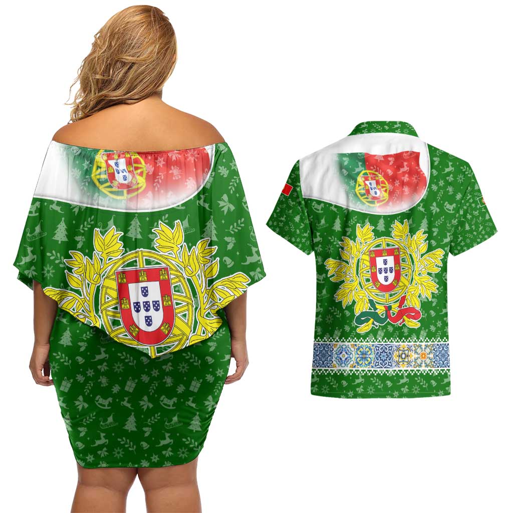 Portugal Christmas Couples Matching Off Shoulder Short Dress and Hawaiian Shirt with Green Red Santa Ship Tree and Coat of Arms - Wonder Print Shop