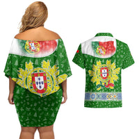 Portugal Christmas Couples Matching Off Shoulder Short Dress and Hawaiian Shirt with Green Red Santa Ship Tree and Coat of Arms - Wonder Print Shop