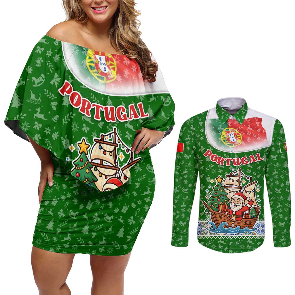 Portugal Christmas Couples Matching Off Shoulder Short Dress and Long Sleeve Button Shirt with Green Red Santa Ship Tree and Coat of Arms - Wonder Print Shop