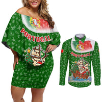 Portugal Christmas Couples Matching Off Shoulder Short Dress and Long Sleeve Button Shirt with Green Red Santa Ship Tree and Coat of Arms - Wonder Print Shop
