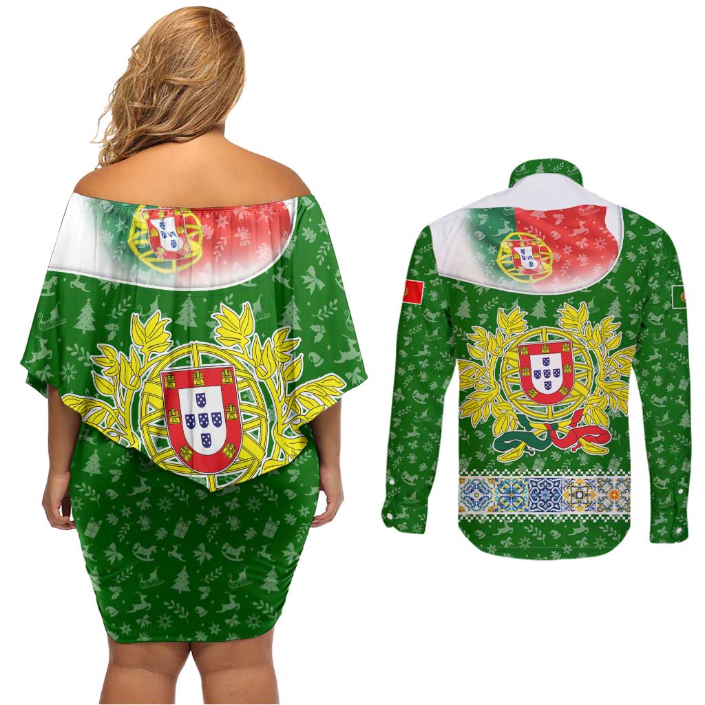 Portugal Christmas Couples Matching Off Shoulder Short Dress and Long Sleeve Button Shirt with Green Red Santa Ship Tree and Coat of Arms - Wonder Print Shop