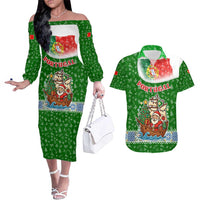 Portugal Christmas Couples Matching Off The Shoulder Long Sleeve Dress and Hawaiian Shirt with Green Red Santa Ship Tree and Coat of Arms - Wonder Print Shop