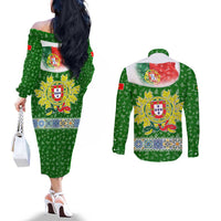 Portugal Christmas Couples Matching Off The Shoulder Long Sleeve Dress and Long Sleeve Button Shirt with Green Red Santa Ship Tree and Coat of Arms - Wonder Print Shop