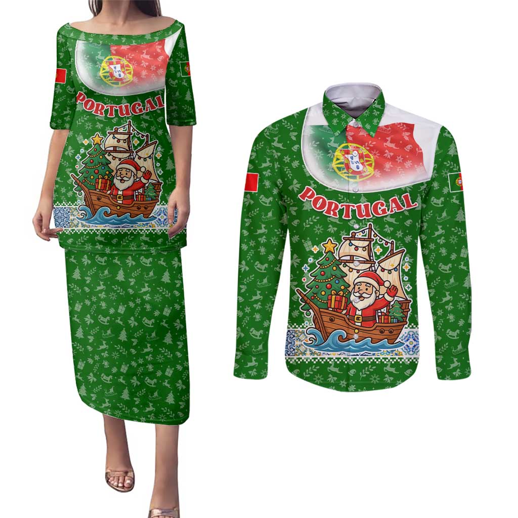 Portugal Christmas Couples Matching Puletasi and Long Sleeve Button Shirt with Green Red Santa Ship Tree and Coat of Arms - Wonder Print Shop
