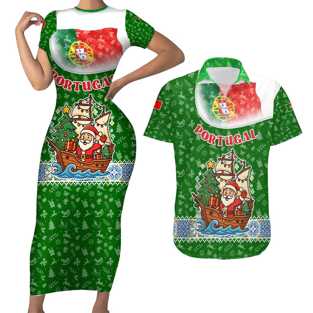 Portugal Christmas Couples Matching Short Sleeve Bodycon Dress and Hawaiian Shirt with Green Red Santa Ship Tree and Coat of Arms - Wonder Print Shop