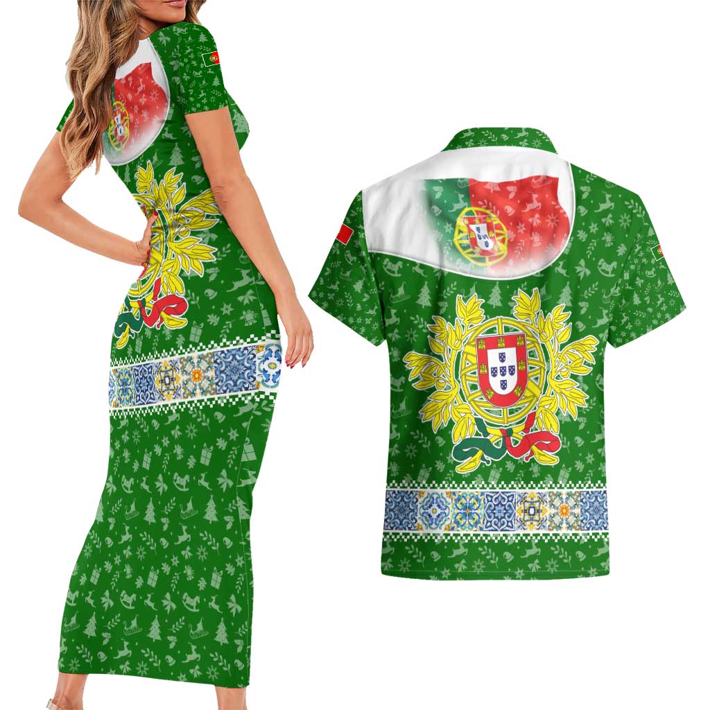Portugal Christmas Couples Matching Short Sleeve Bodycon Dress and Hawaiian Shirt with Green Red Santa Ship Tree and Coat of Arms - Wonder Print Shop