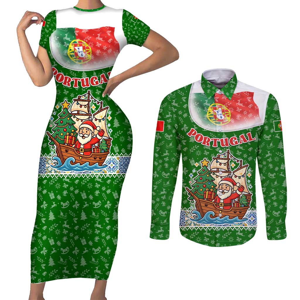 Portugal Christmas Couples Matching Short Sleeve Bodycon Dress and Long Sleeve Button Shirt with Green Red Santa Ship Tree and Coat of Arms - Wonder Print Shop