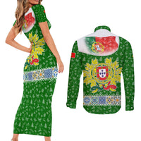 Portugal Christmas Couples Matching Short Sleeve Bodycon Dress and Long Sleeve Button Shirt with Green Red Santa Ship Tree and Coat of Arms - Wonder Print Shop