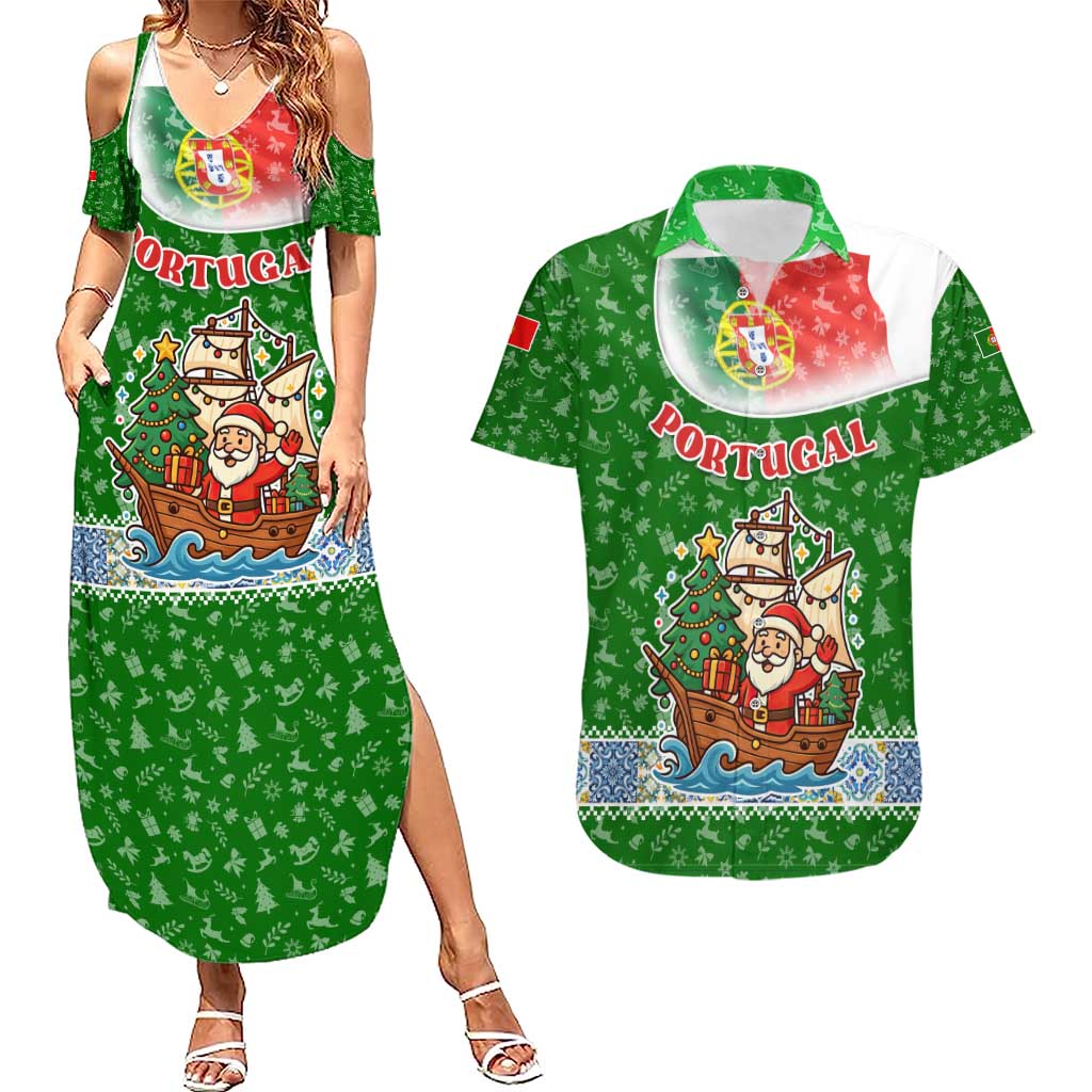 Portugal Christmas Couples Matching Summer Maxi Dress and Hawaiian Shirt with Green Red Santa Ship Tree and Coat of Arms - Wonder Print Shop