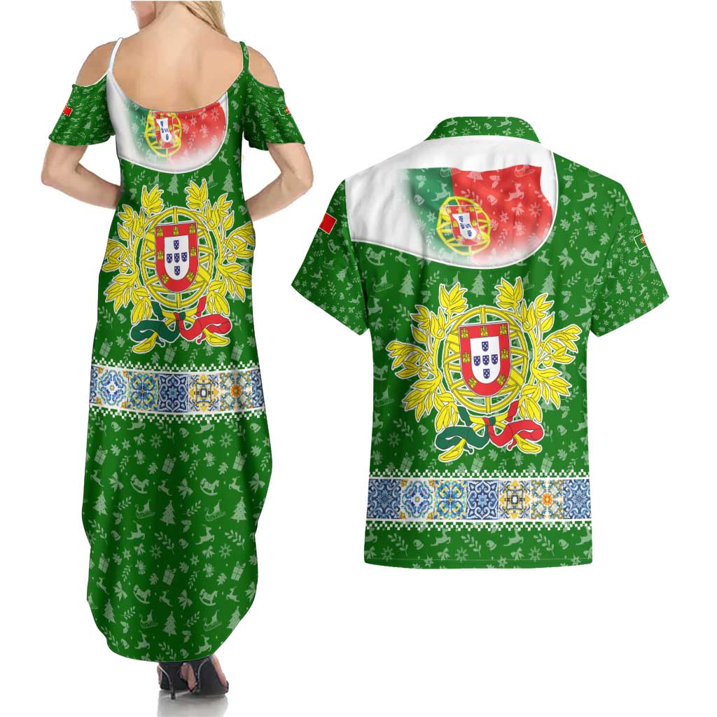 Portugal Christmas Couples Matching Summer Maxi Dress and Hawaiian Shirt with Green Red Santa Ship Tree and Coat of Arms - Wonder Print Shop