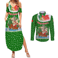 Portugal Christmas Couples Matching Summer Maxi Dress and Long Sleeve Button Shirt with Green Red Santa Ship Tree and Coat of Arms - Wonder Print Shop