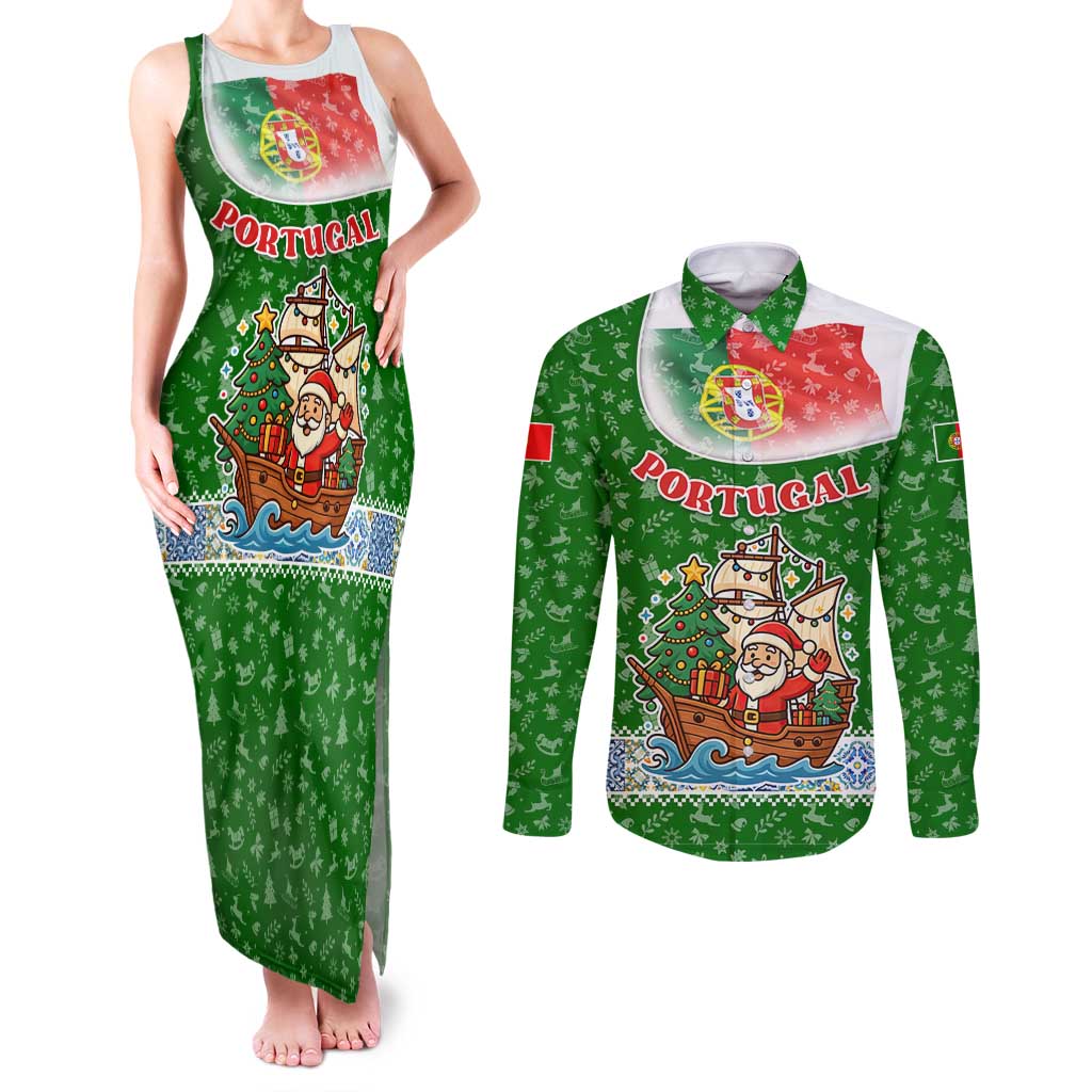 Portugal Christmas Couples Matching Tank Maxi Dress and Long Sleeve Button Shirt with Green Red Santa Ship Tree and Coat of Arms - Wonder Print Shop