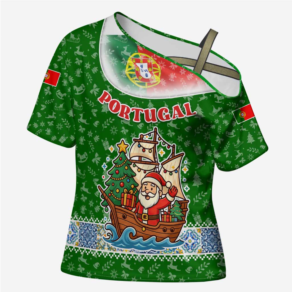 Portugal Christmas Cross Shoulder Shirt with Green Red Santa Ship Tree and Coat of Arms - Wonder Print Shop
