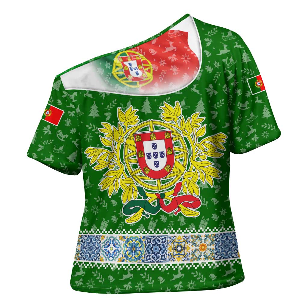 Portugal Christmas Cross Shoulder Shirt with Green Red Santa Ship Tree and Coat of Arms - Wonder Print Shop
