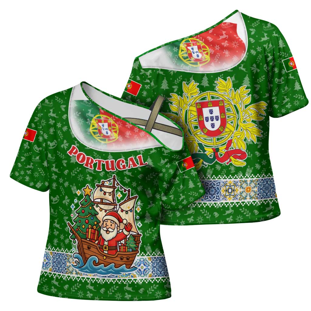 Portugal Christmas Cross Shoulder Shirt with Green Red Santa Ship Tree and Coat of Arms - Wonder Print Shop