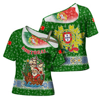 Portugal Christmas Cross Shoulder Shirt with Green Red Santa Ship Tree and Coat of Arms - Wonder Print Shop