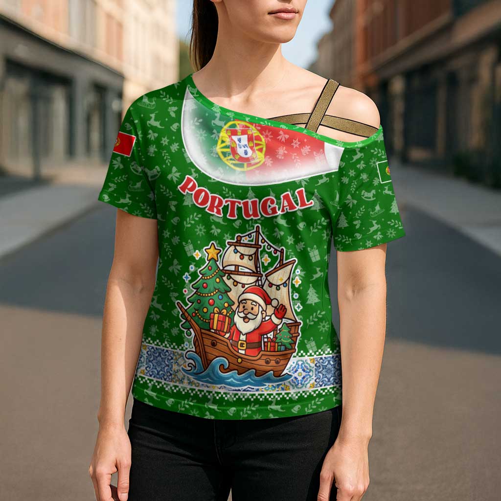 Portugal Christmas Cross Shoulder Shirt with Green Red Santa Ship Tree and Coat of Arms - Wonder Print Shop