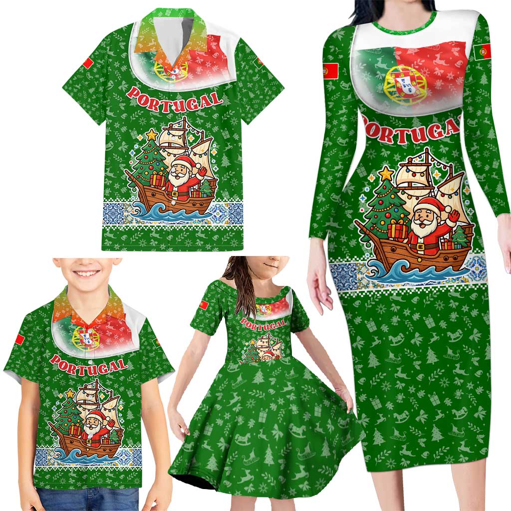 Portugal Christmas Family Matching Long Sleeve Bodycon Dress and Hawaiian Shirt with Green Red Santa Ship Tree and Coat of Arms - Wonder Print Shop