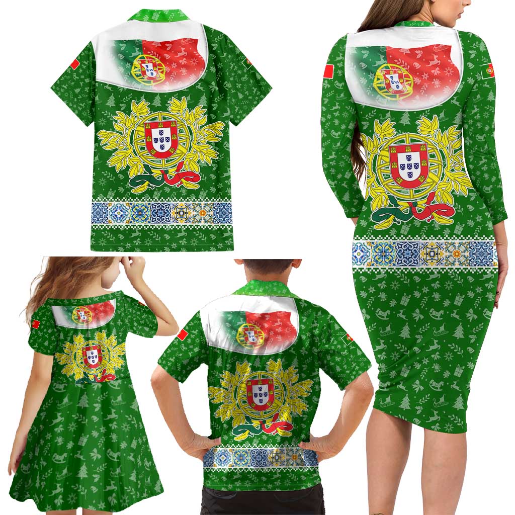 Portugal Christmas Family Matching Long Sleeve Bodycon Dress and Hawaiian Shirt with Green Red Santa Ship Tree and Coat of Arms - Wonder Print Shop