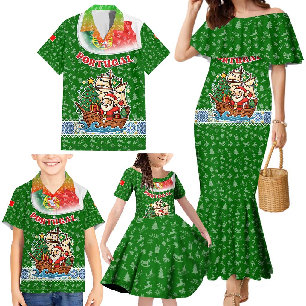 Portugal Christmas Family Matching Mermaid Dress and Hawaiian Shirt with Green Red Santa Ship Tree and Coat of Arms - Wonder Print Shop