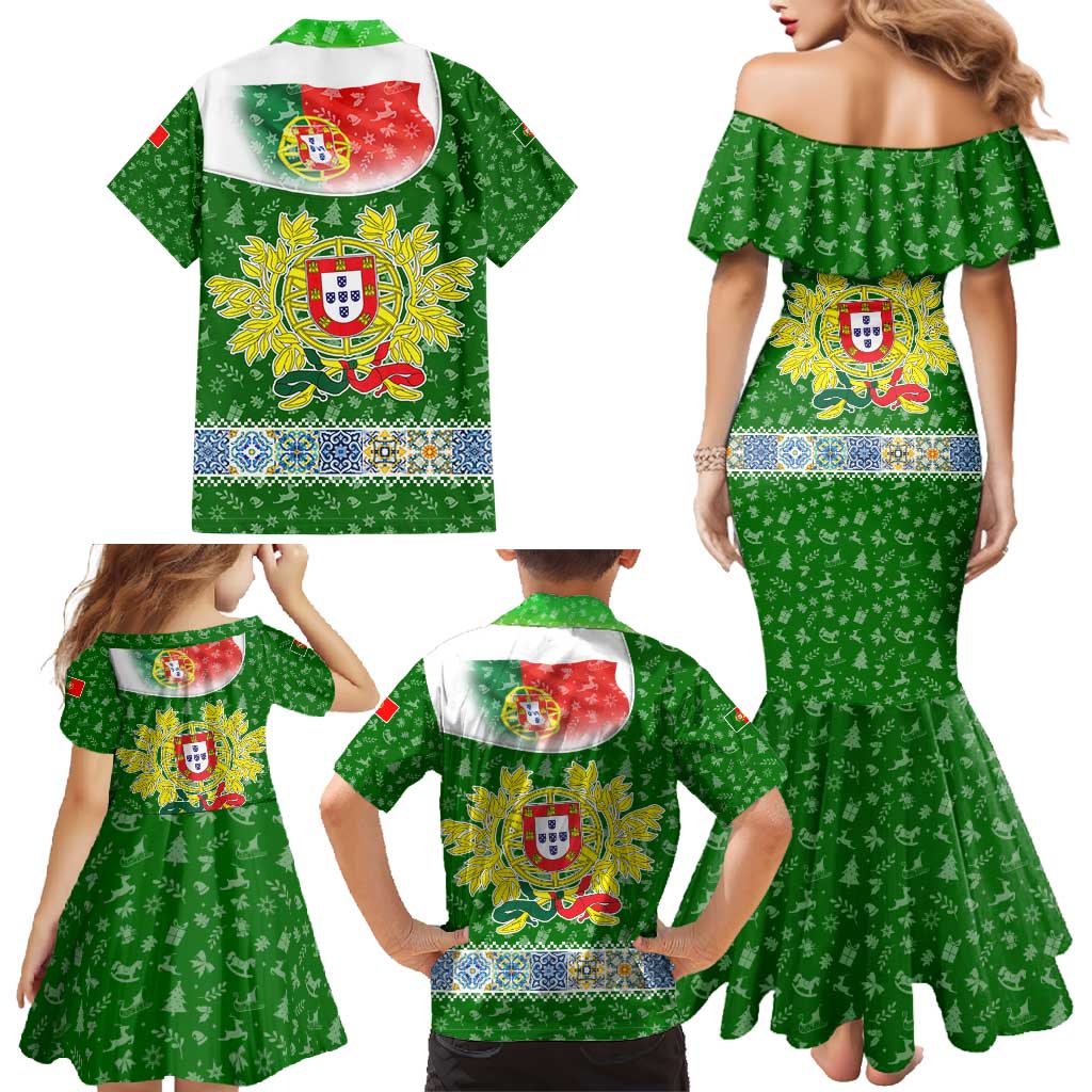 Portugal Christmas Family Matching Mermaid Dress and Hawaiian Shirt with Green Red Santa Ship Tree and Coat of Arms - Wonder Print Shop