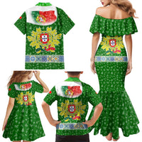 Portugal Christmas Family Matching Mermaid Dress and Hawaiian Shirt with Green Red Santa Ship Tree and Coat of Arms - Wonder Print Shop