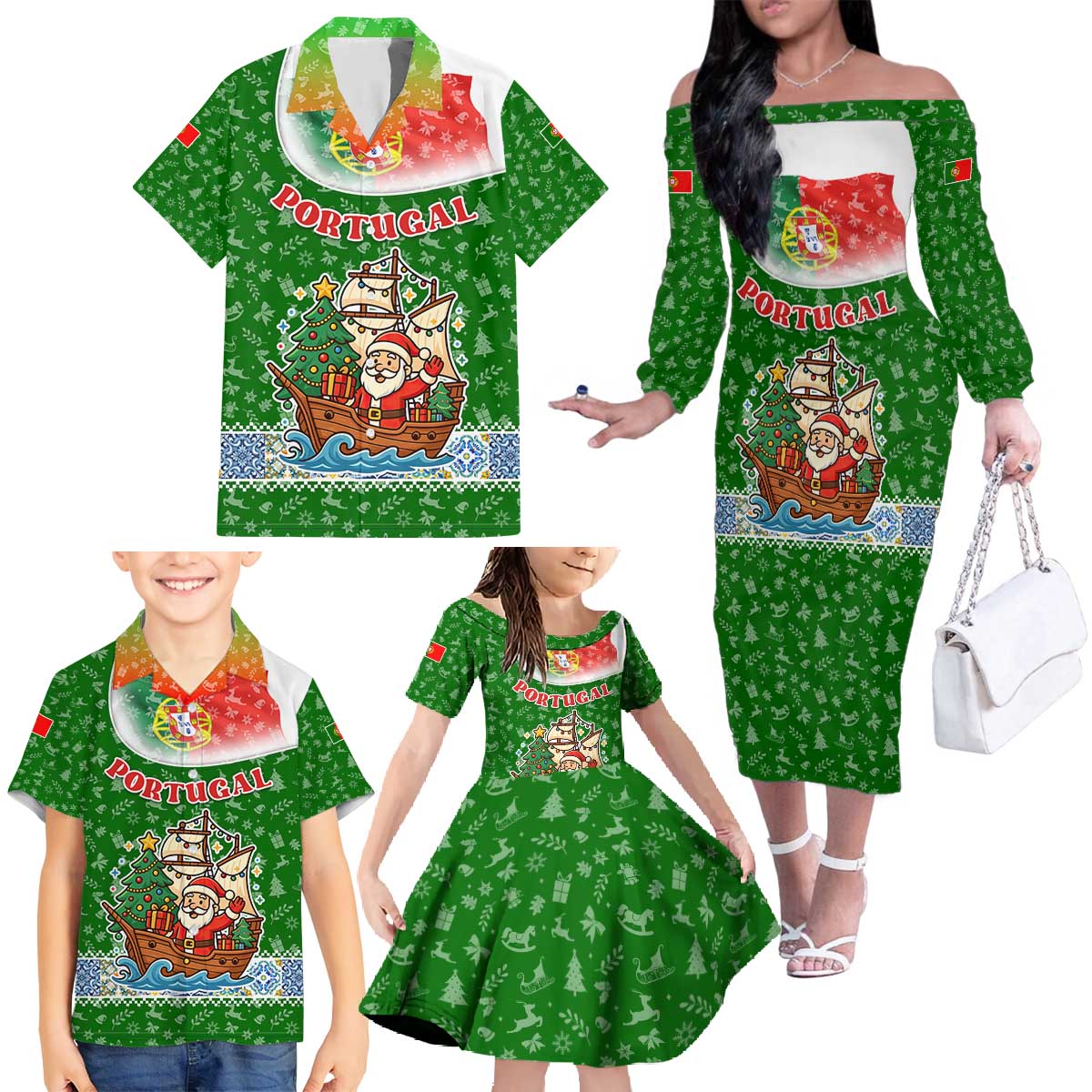 Portugal Christmas Family Matching Off The Shoulder Long Sleeve Dress and Hawaiian Shirt with Green Red Santa Ship Tree and Coat of Arms - Wonder Print Shop