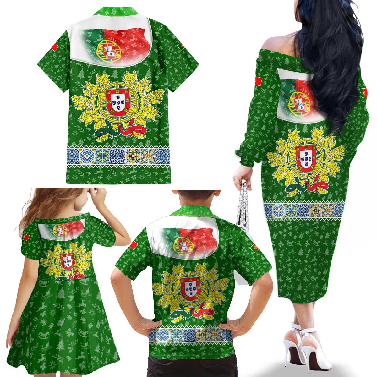 Portugal Christmas Family Matching Off The Shoulder Long Sleeve Dress and Hawaiian Shirt with Green Red Santa Ship Tree and Coat of Arms - Wonder Print Shop