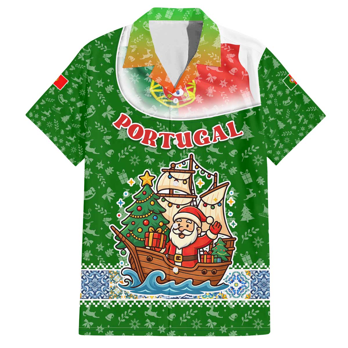 Portugal Christmas Family Matching Off The Shoulder Long Sleeve Dress and Hawaiian Shirt with Green Red Santa Ship Tree and Coat of Arms - Wonder Print Shop