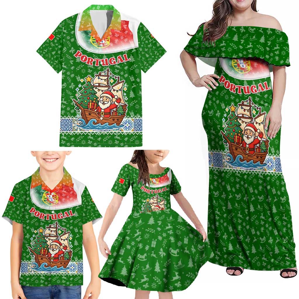 Portugal Christmas Family Matching Off Shoulder Maxi Dress and Hawaiian Shirt with Green Red Santa Ship Tree and Coat of Arms - Wonder Print Shop