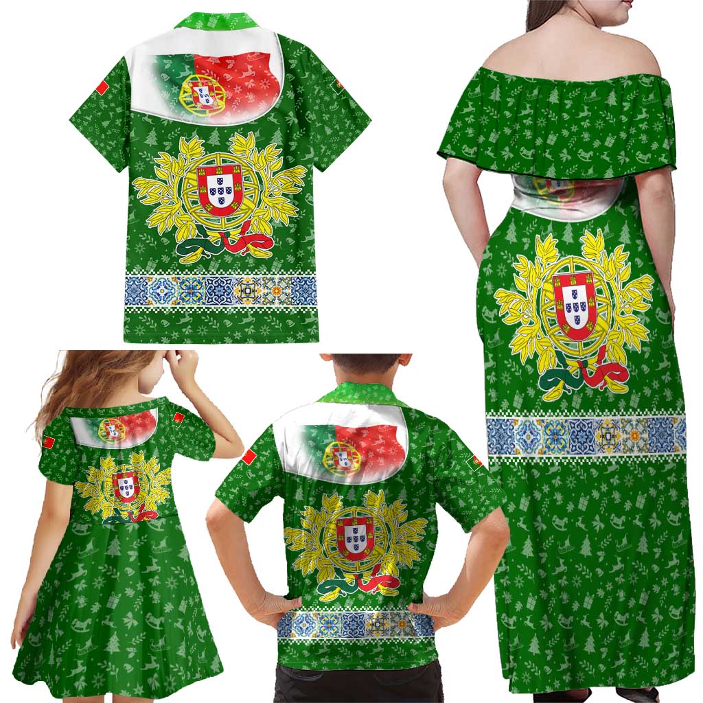 Portugal Christmas Family Matching Off Shoulder Maxi Dress and Hawaiian Shirt with Green Red Santa Ship Tree and Coat of Arms - Wonder Print Shop