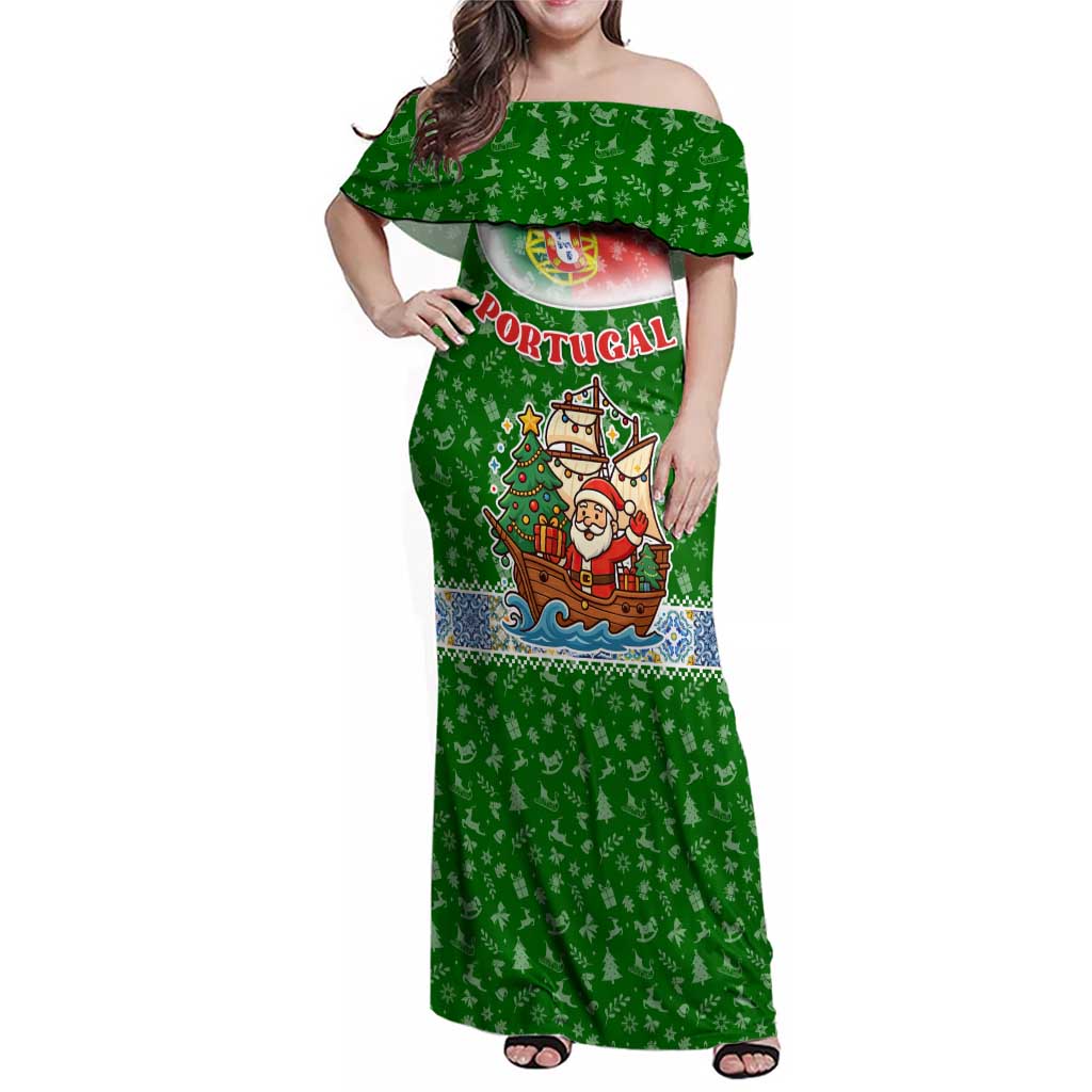 Portugal Christmas Family Matching Off Shoulder Maxi Dress and Hawaiian Shirt with Green Red Santa Ship Tree and Coat of Arms - Wonder Print Shop