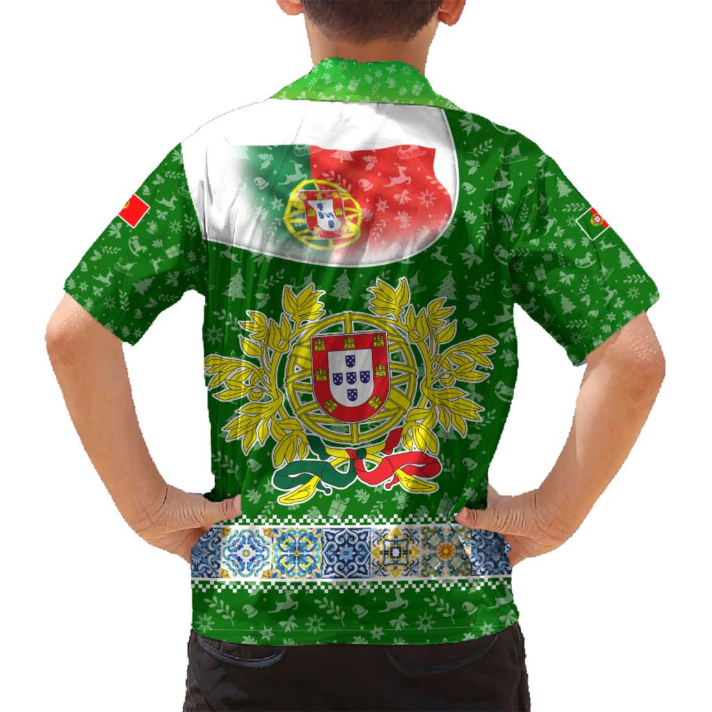 Portugal Christmas Family Matching Off Shoulder Short Dress and Hawaiian Shirt with Green Red Santa Ship Tree and Coat of Arms - Wonder Print Shop