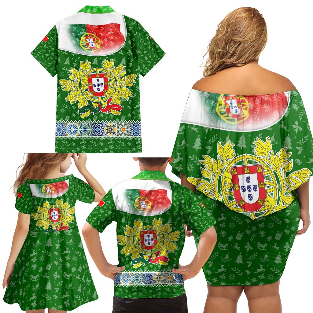 Portugal Christmas Family Matching Off Shoulder Short Dress and Hawaiian Shirt with Green Red Santa Ship Tree and Coat of Arms - Wonder Print Shop