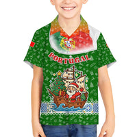 Portugal Christmas Family Matching Off Shoulder Short Dress and Hawaiian Shirt with Green Red Santa Ship Tree and Coat of Arms - Wonder Print Shop