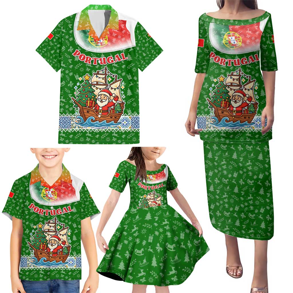 Portugal Christmas Family Matching Puletasi and Hawaiian Shirt with Green Red Santa Ship Tree and Coat of Arms - Wonder Print Shop