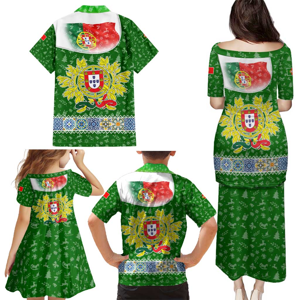 Portugal Christmas Family Matching Puletasi and Hawaiian Shirt with Green Red Santa Ship Tree and Coat of Arms - Wonder Print Shop