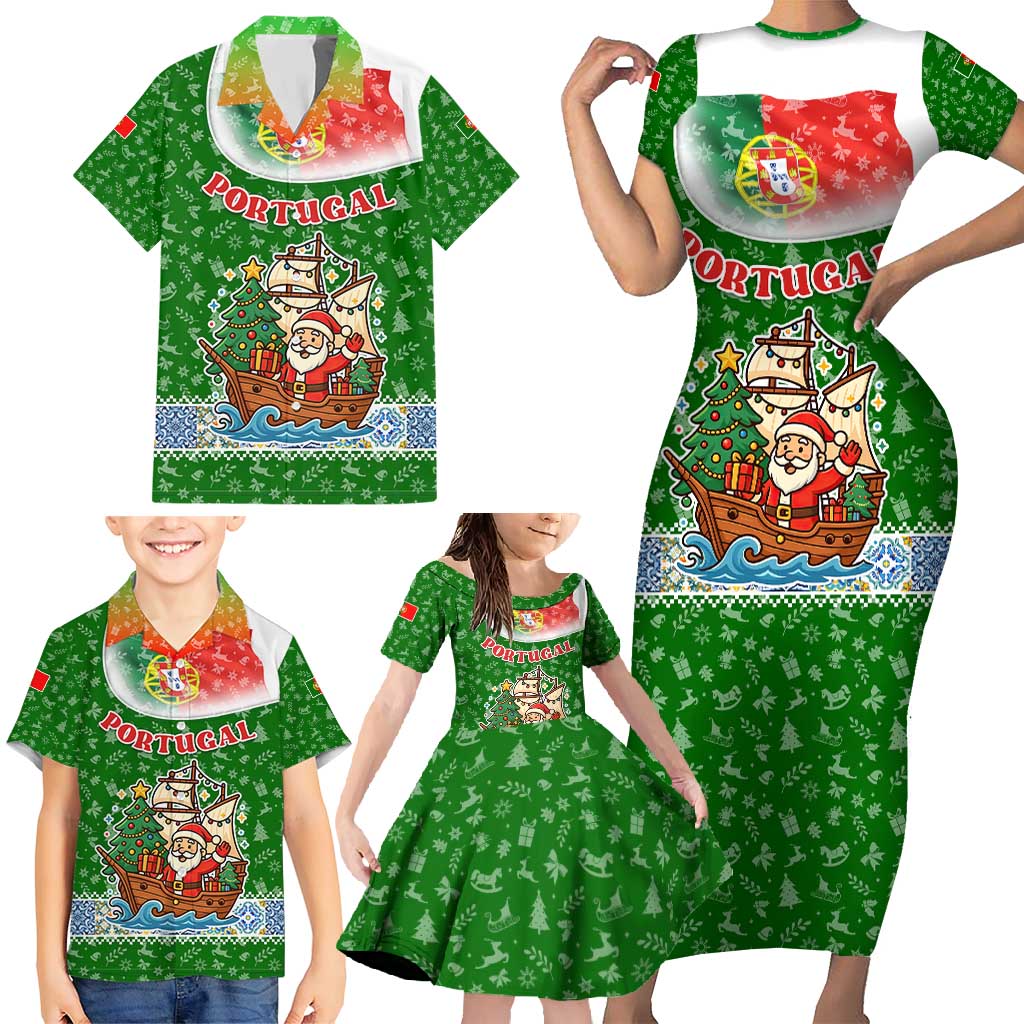Portugal Christmas Family Matching Short Sleeve Bodycon Dress and Hawaiian Shirt with Green Red Santa Ship Tree and Coat of Arms - Wonder Print Shop