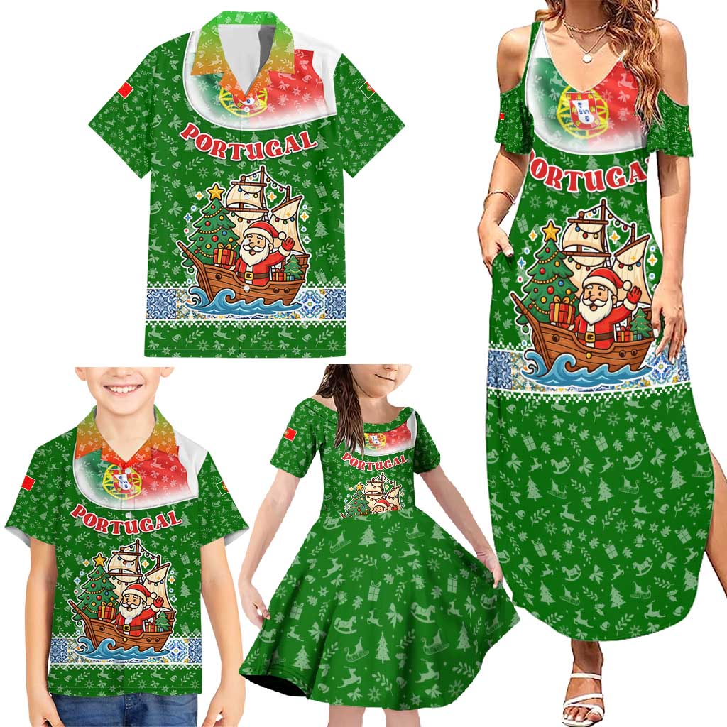 Portugal Christmas Family Matching Summer Maxi Dress and Hawaiian Shirt with Green Red Santa Ship Tree and Coat of Arms - Wonder Print Shop