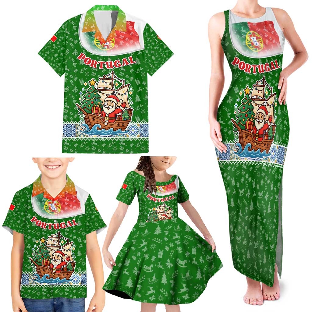 Portugal Christmas Family Matching Tank Maxi Dress and Hawaiian Shirt with Green Red Santa Ship Tree and Coat of Arms - Wonder Print Shop