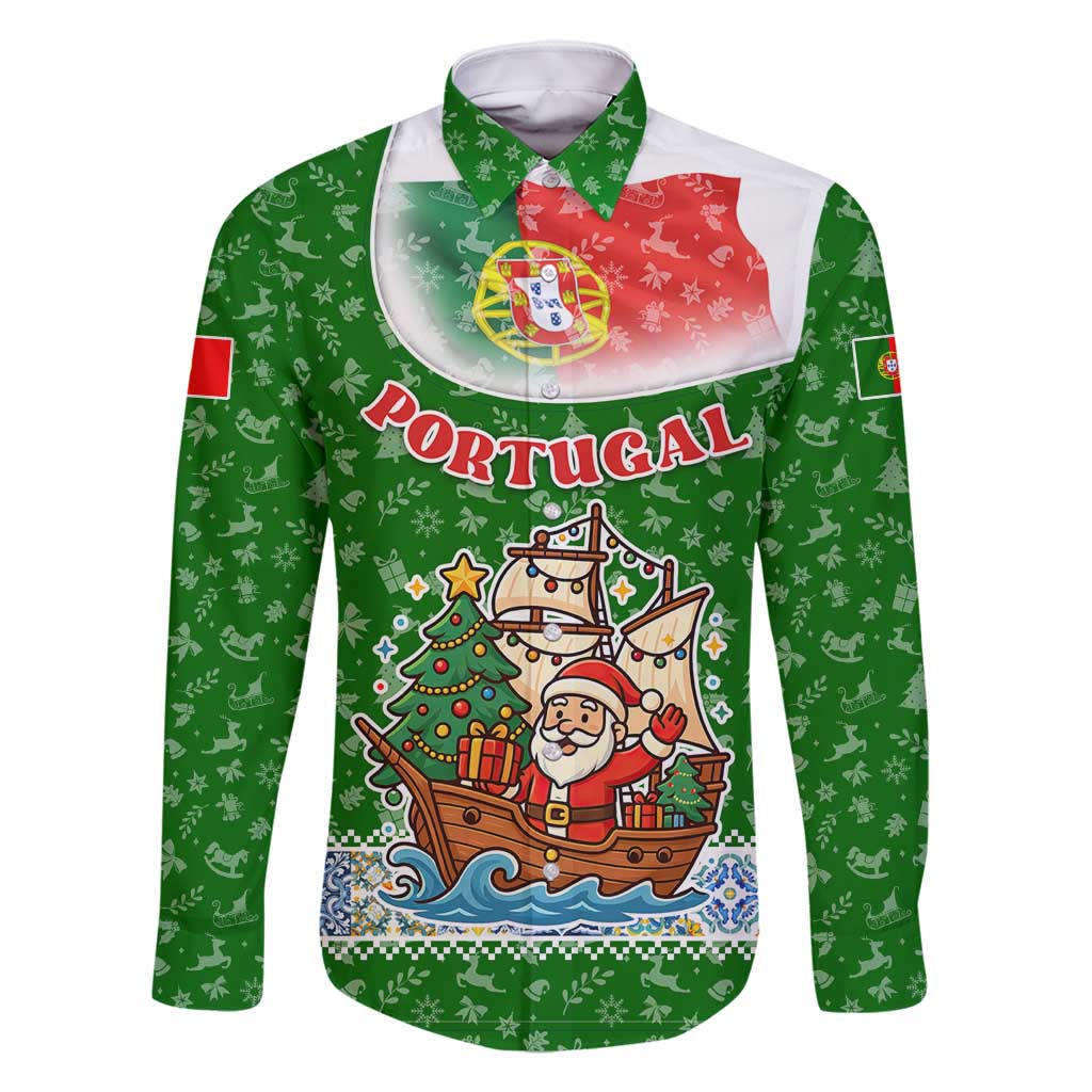 Portugal Christmas Family Matching Tank Maxi Dress and Hawaiian Shirt with Green Red Santa Ship Tree and Coat of Arms - Wonder Print Shop