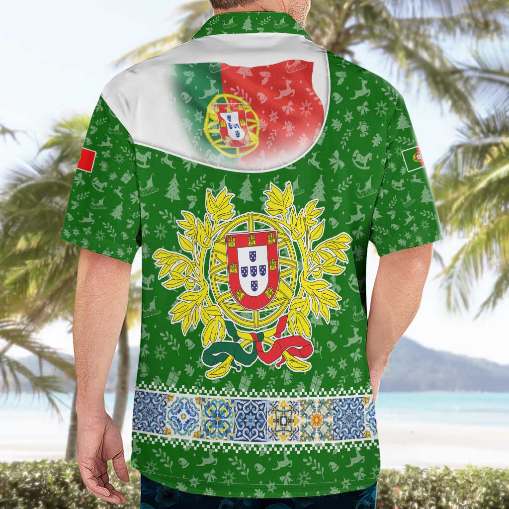 Portugal Christmas Hawaiian Shirt with Green Red Santa Ship Tree and Coat of Arms - Wonder Print Shop