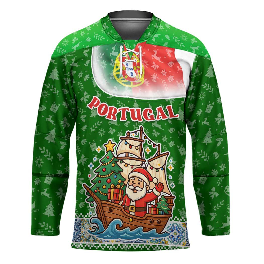 Portugal Christmas Hockey Jersey with Green Red Santa Ship Tree and Coat of Arms - Wonder Print Shop