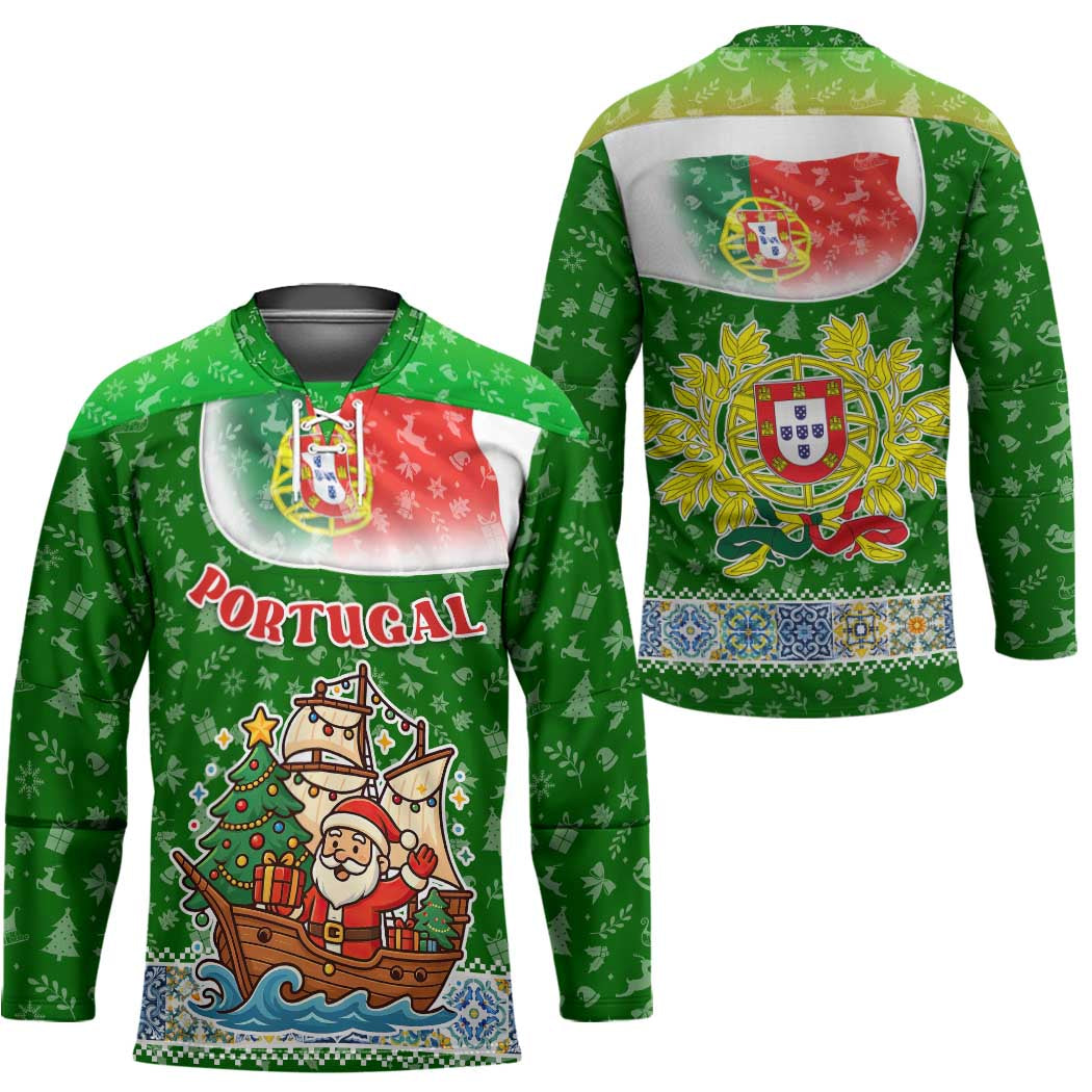 Portugal Christmas Hockey Jersey with Green Red Santa Ship Tree and Coat of Arms - Wonder Print Shop