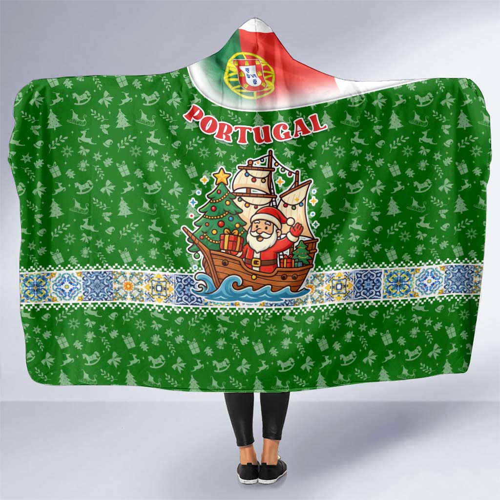 Portugal Christmas Hooded Blanket with Green Red Santa Ship Tree and Coat of Arms - Wonder Print Shop