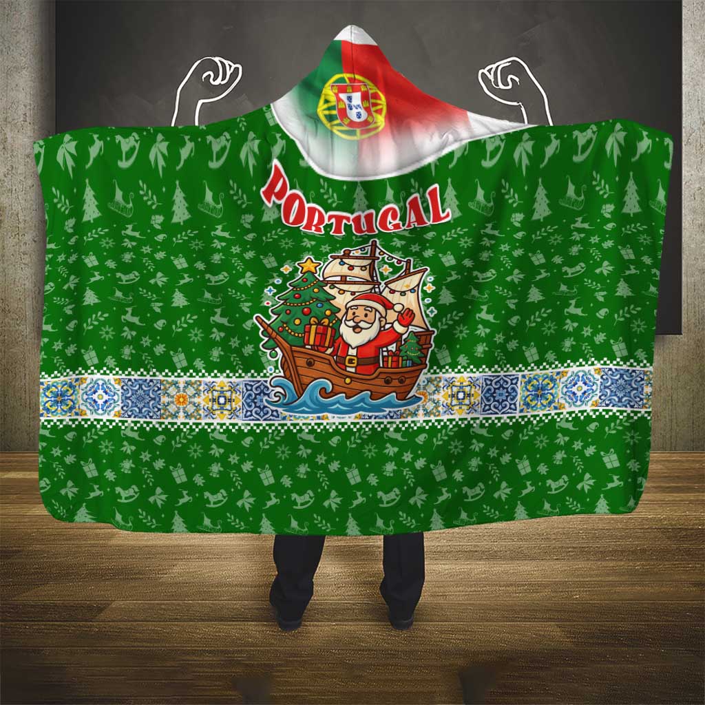 Portugal Christmas Hooded Blanket with Green Red Santa Ship Tree and Coat of Arms - Wonder Print Shop