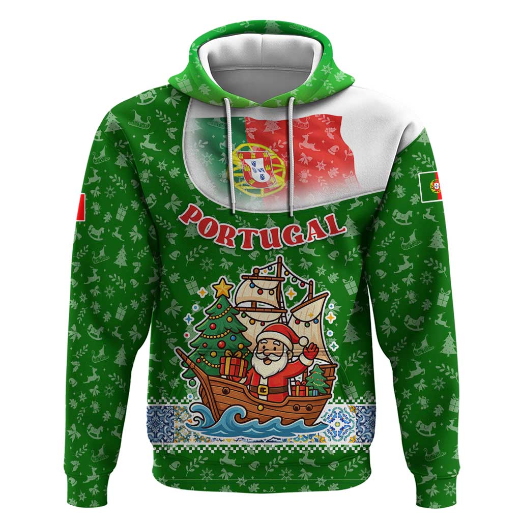Portugal Christmas Hoodie with Green Red Santa Ship Tree and Coat of Arms - Wonder Print Shop