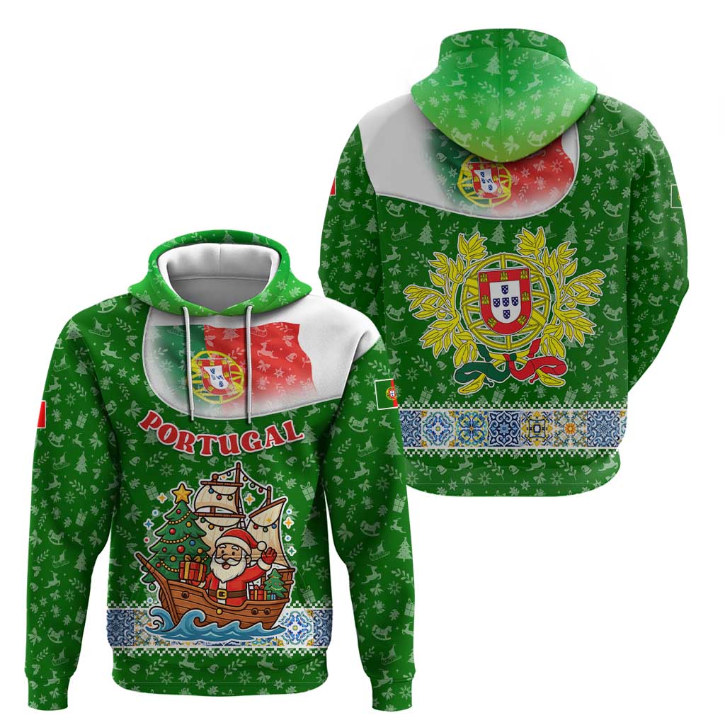 Portugal Christmas Hoodie with Green Red Santa Ship Tree and Coat of Arms - Wonder Print Shop